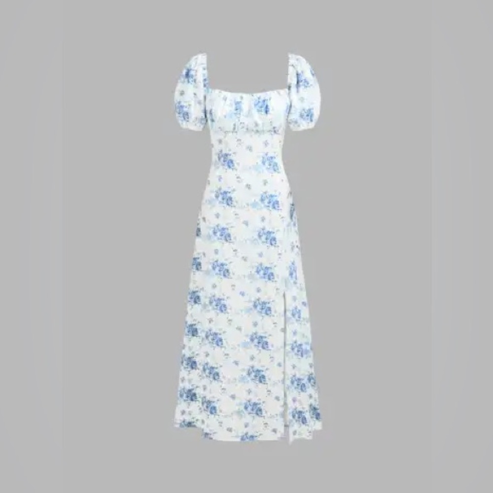 Floral Puff Sleeve Split Maxi Dress